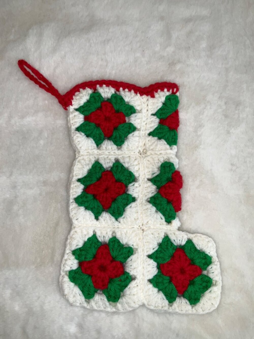 Vintage handmade Granny Square crochet Patchwork Christmas stocking 12" White